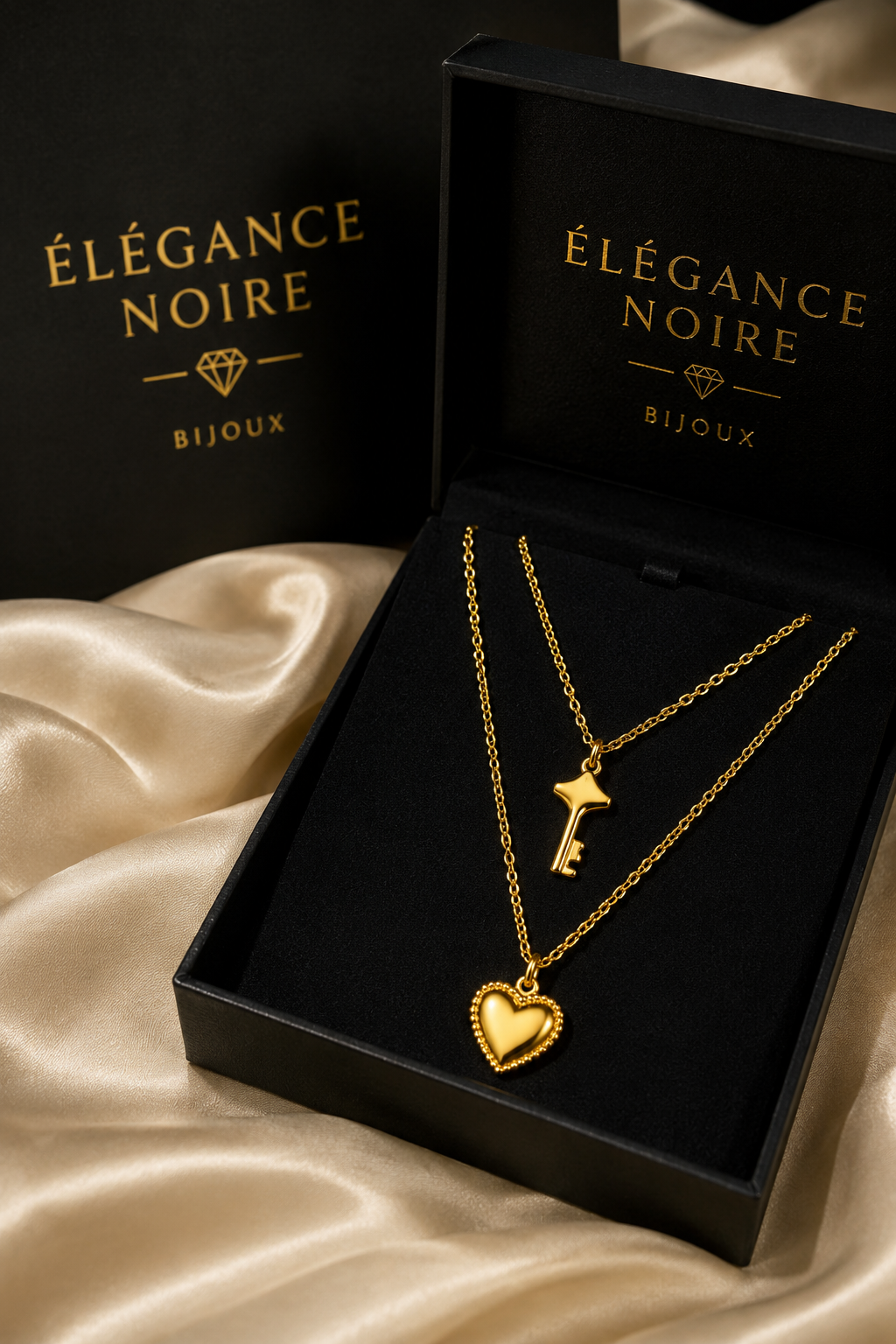 ✨ Collier “Clé du Cœur” – Élégance Noire Bijoux ✨